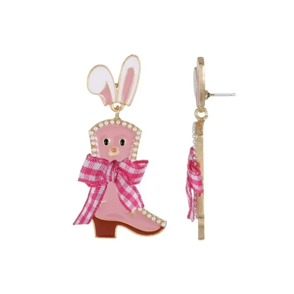 New Easter Pink Bunny Cowboy Boot Drop Earrings